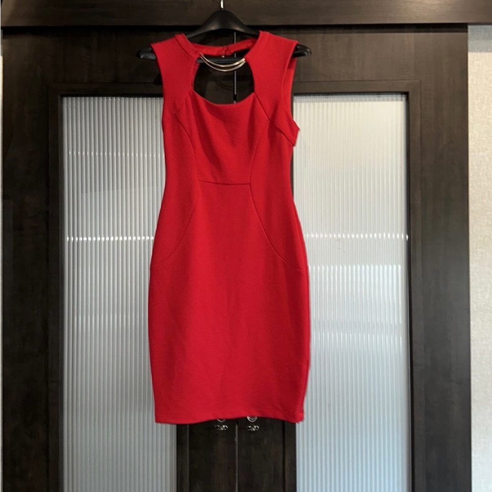 Fitted red dress with gold